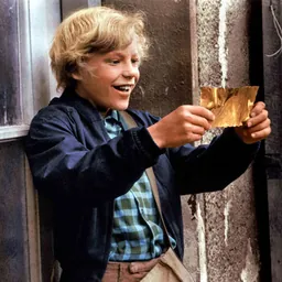Charlie Bucket holding up his golden ticket